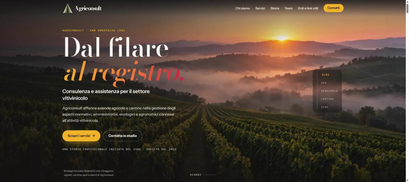 Demo Agriconsult: titolo «Dal filare al registro» su un vigneto all'alba, con i capitoli Alba, Uva, Vendemmia, Cantina, Vino