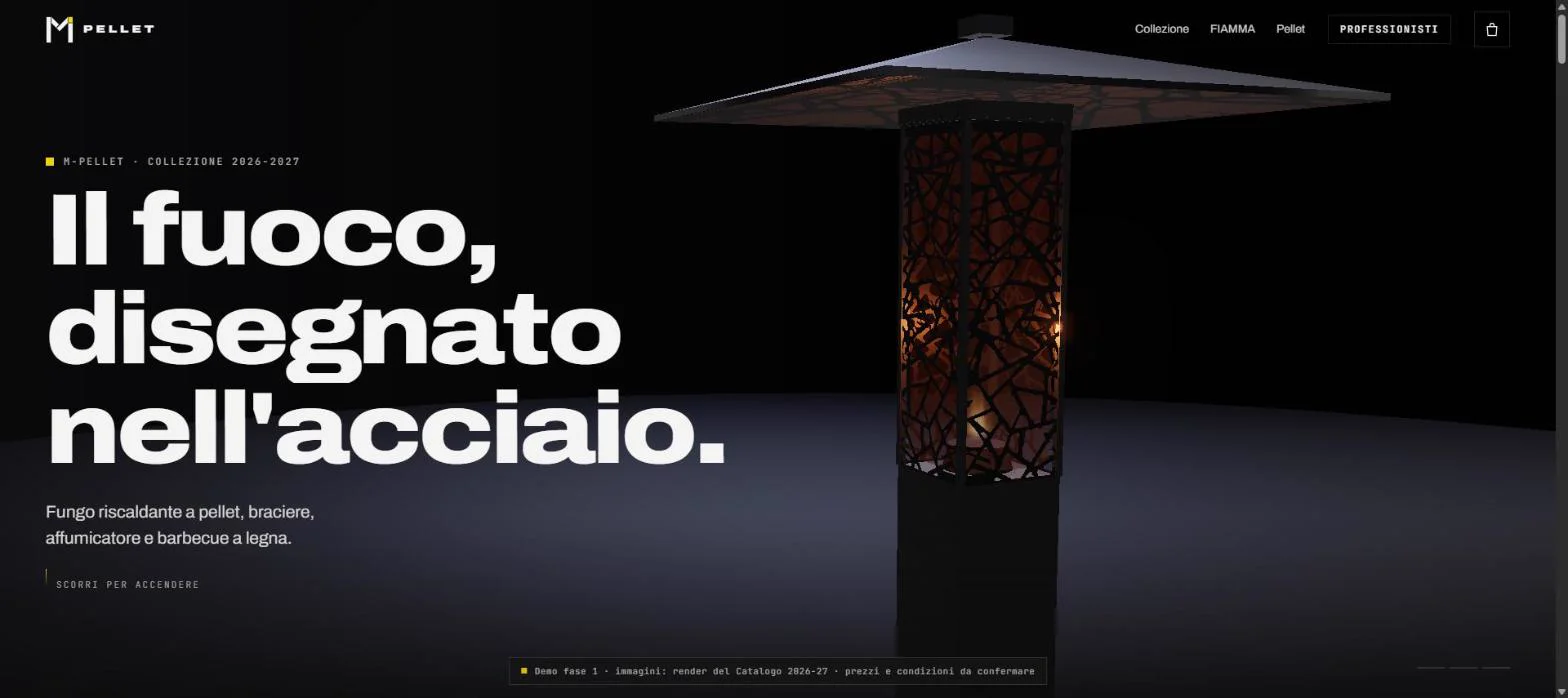 Demo M-Pellet: titolo «Il fuoco, disegnato nell'acciaio» accanto al modello 3D del fungo riscaldante FIAMMA