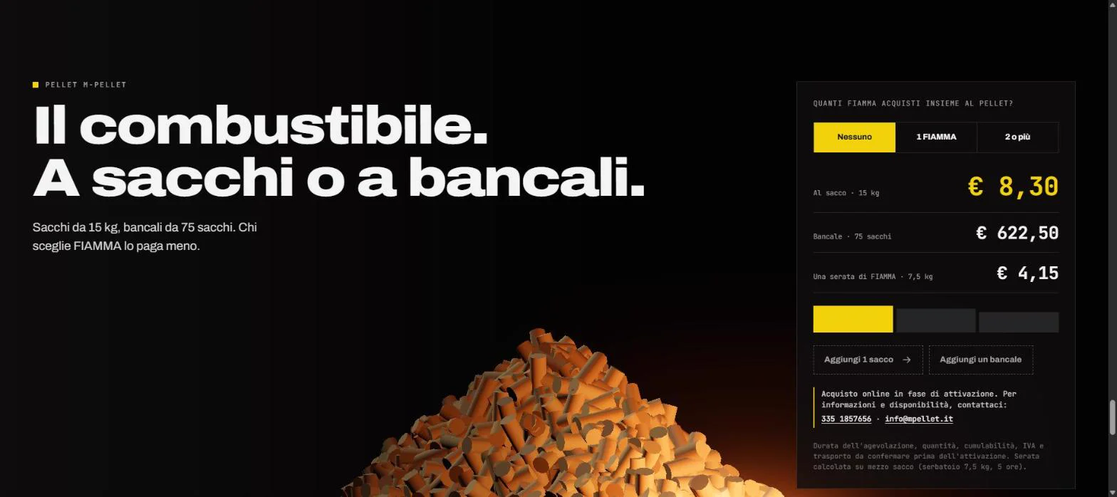 Demo M-Pellet: pellet in 3D e calcolatore dei prezzi a sacco e bancale